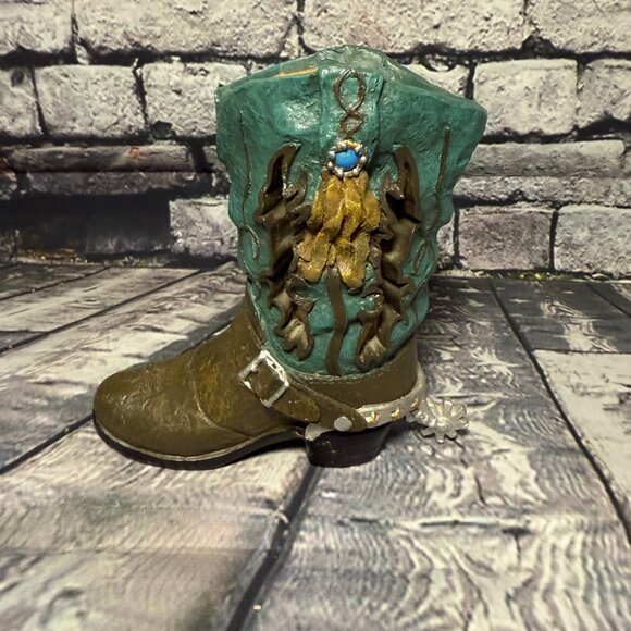 Vintage 1990's Young Inc. Teal Cowboy Boot Tea Light Holder - Picture 5 of 11